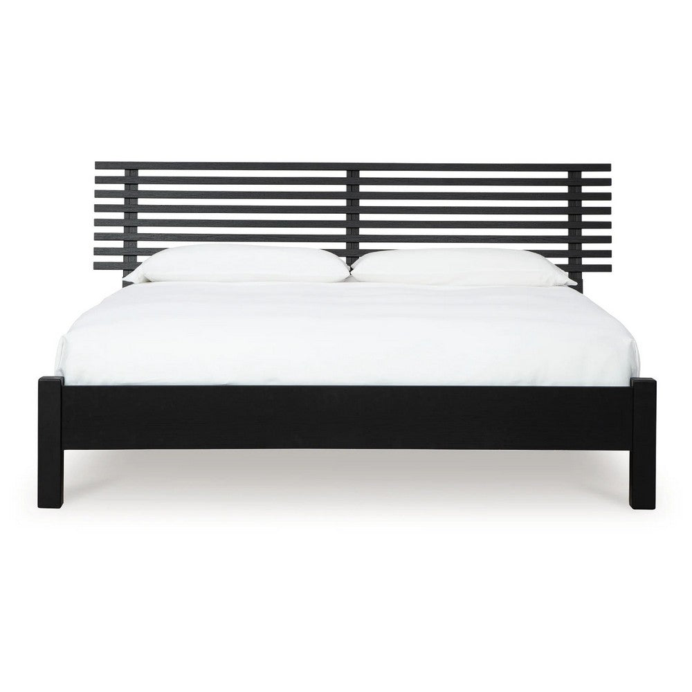 Danzi Queen Size Panel Bed w Modern Slatted Headboard | Black Wood