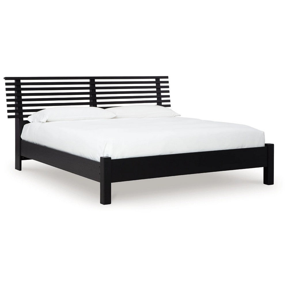 Danzi Queen Size Panel Bed w Modern Slatted Headboard | Black Wood