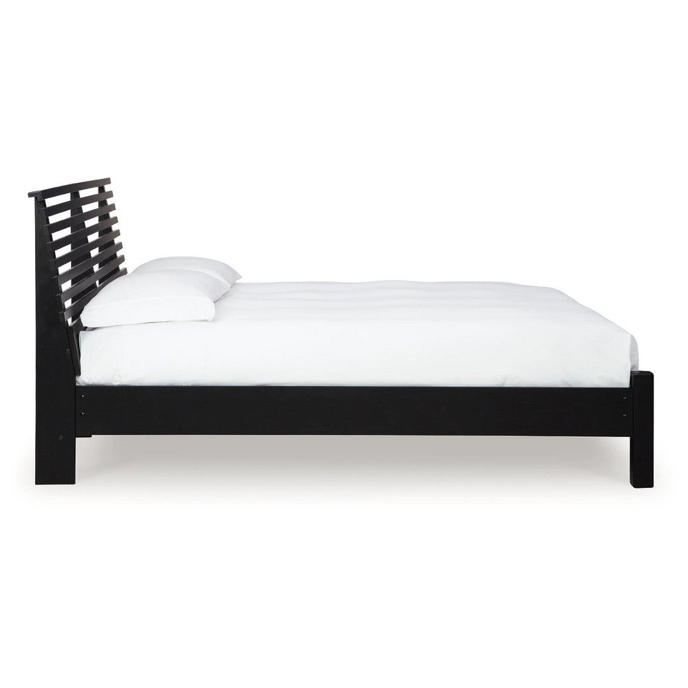 Danzi Queen Size Panel Bed w Modern Slatted Headboard | Black Wood