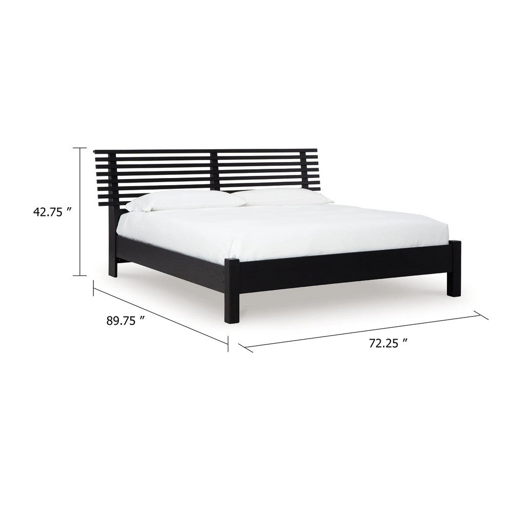 Danzi Queen Size Panel Bed w Modern Slatted Headboard | Black Wood