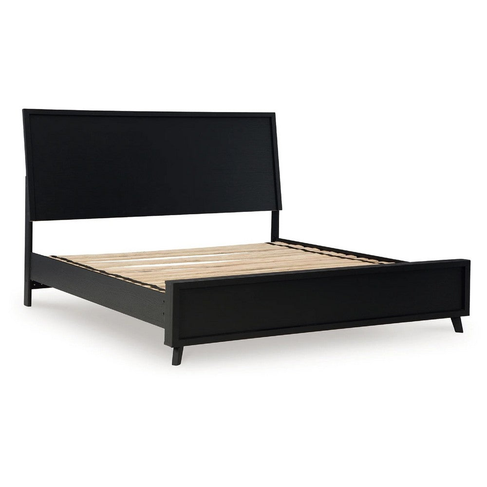 Danzi Queen Size Panel Bed w Clean-Lined Panel Headboard | Black Wood