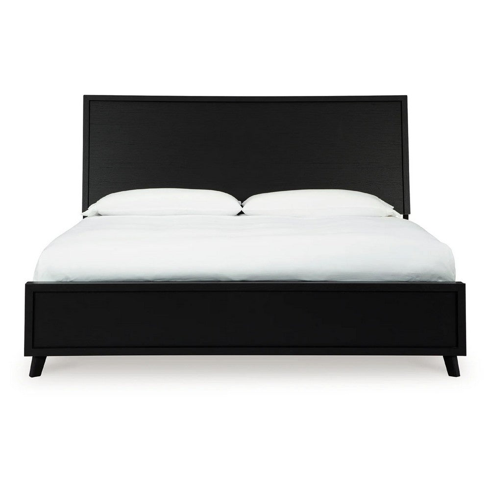 Danzi Queen Size Panel Bed w Clean-Lined Panel Headboard | Black Wood