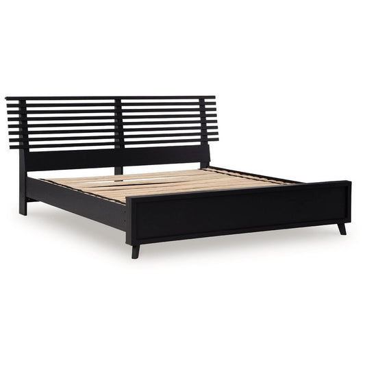 Danzi Queen Size Panel Bed w Modern Slatted Headboard | Black Wood