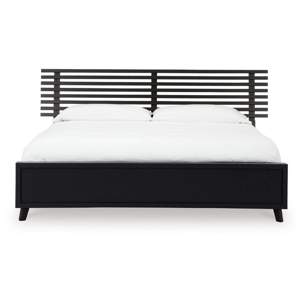 Danzi Queen Size Panel Bed w Modern Slatted Headboard | Black Wood