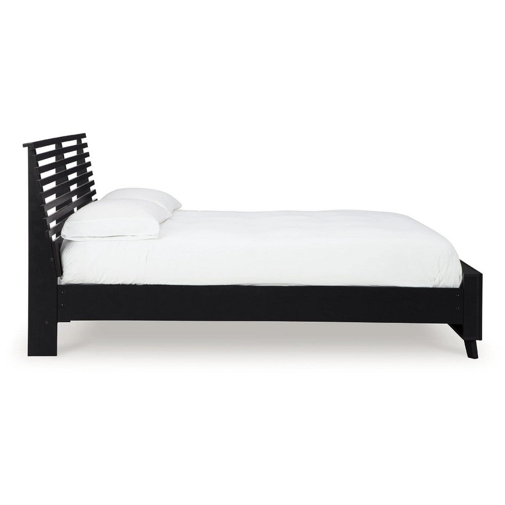 Danzi Queen Size Panel Bed w Modern Slatted Headboard | Black Wood