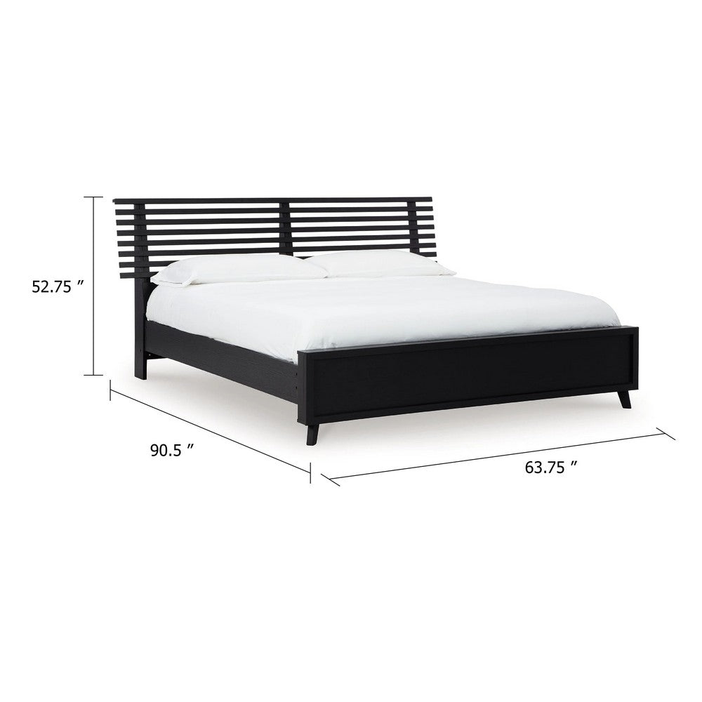 Danzi Queen Size Panel Bed w Modern Slatted Headboard | Black Wood