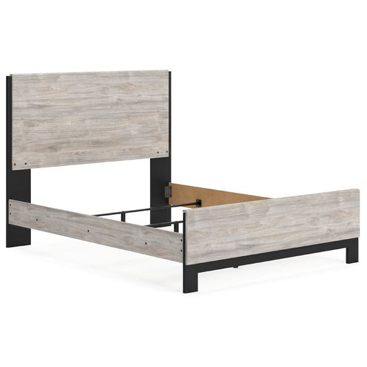 Veso Queen Size Panel Bed w Matte Black Finished Base | Gray Wood