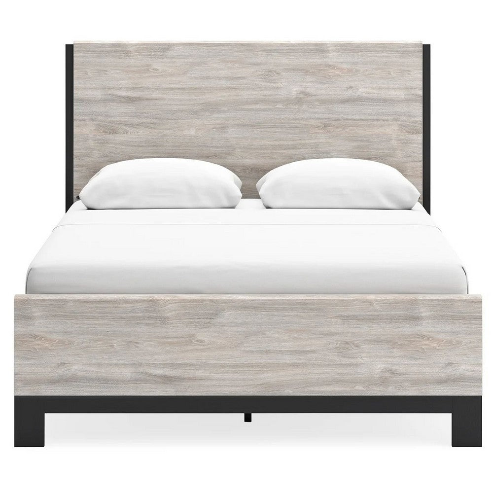 Veso Queen Size Panel Bed w Matte Black Finished Base | Gray Wood