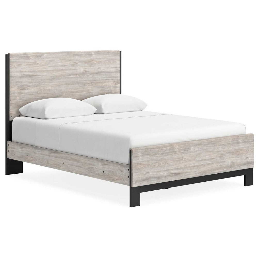 Veso Queen Size Panel Bed w Matte Black Finished Base | Gray Wood