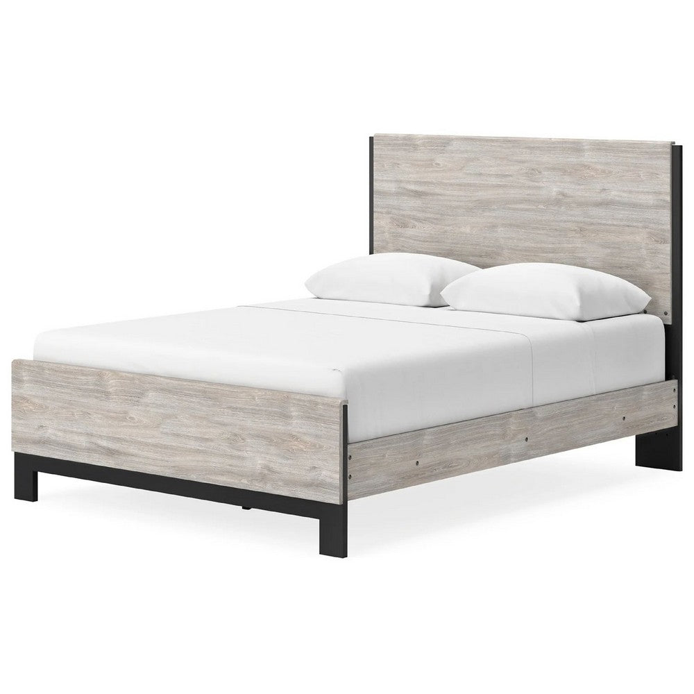 Veso Queen Size Panel Bed w Matte Black Finished Base | Gray Wood