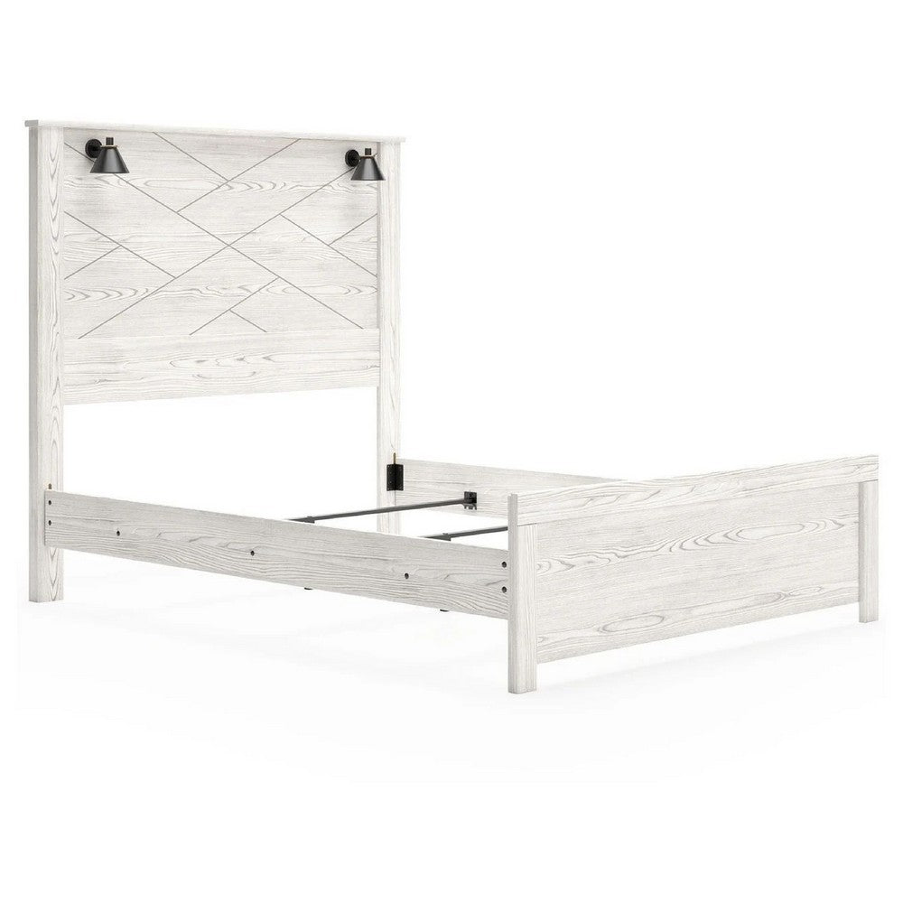 Hara Queen Panel Bed w 2 Sconce Lights | Rustic Light Gray-White Wood