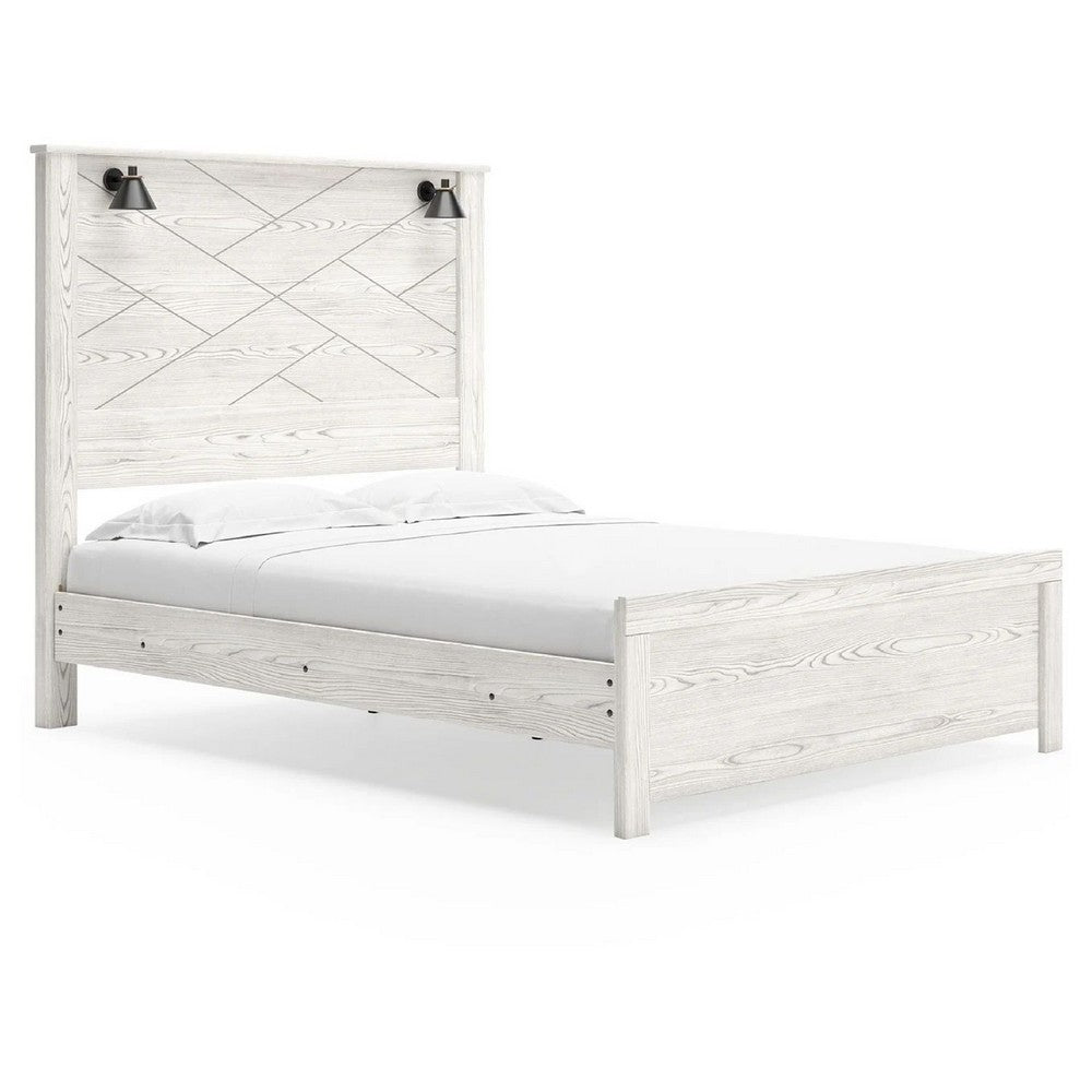 Hara Queen Panel Bed w 2 Sconce Lights | Rustic Light Gray-White Wood