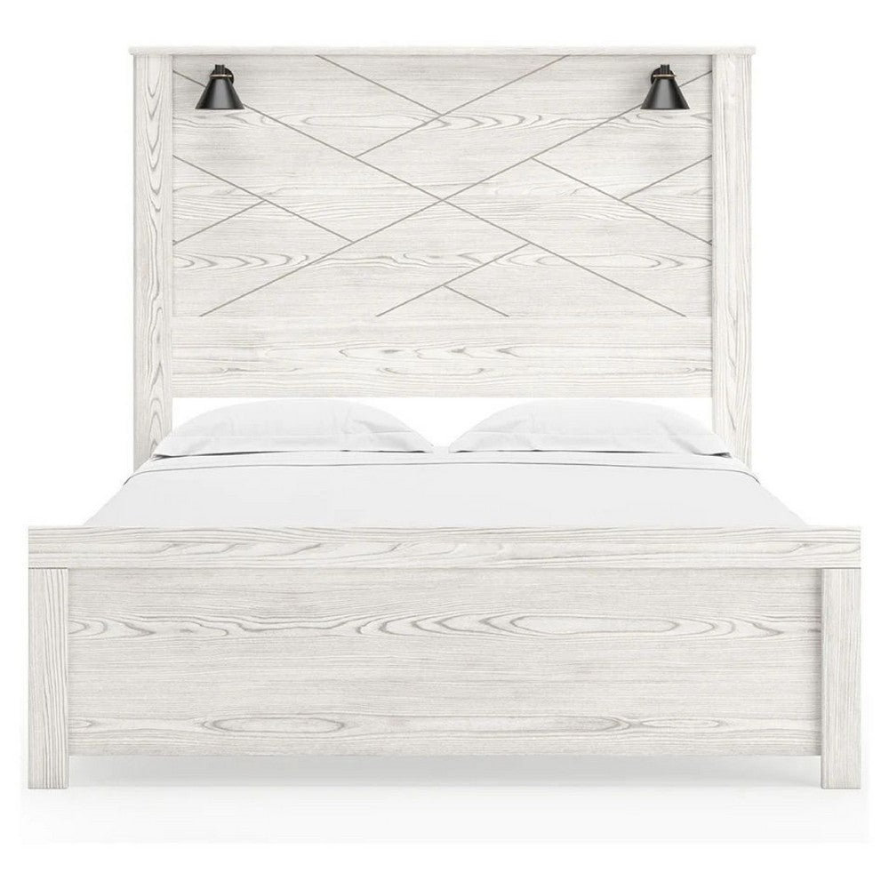 Hara Queen Panel Bed w 2 Sconce Lights | Rustic Light Gray-White Wood
