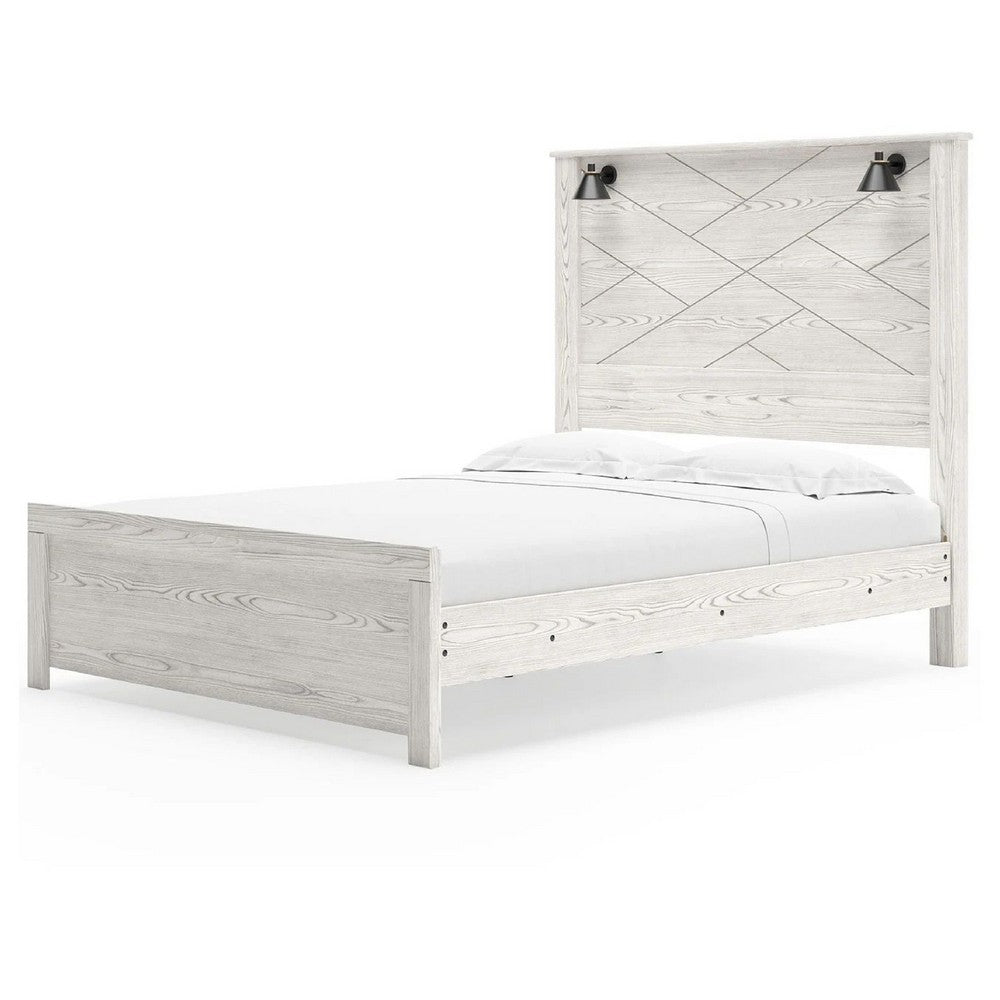 Hara Queen Panel Bed w 2 Sconce Lights | Rustic Light Gray-White Wood