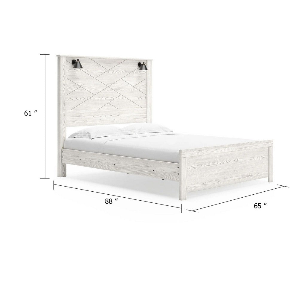 Hara Queen Panel Bed w 2 Sconce Lights | Rustic Light Gray-White Wood