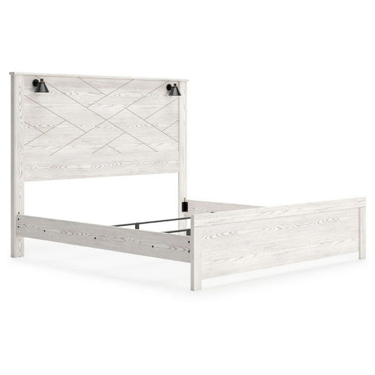 Hara King Panel Bed w 2 Sconce Lights | Rustic Light Gray-White Wood