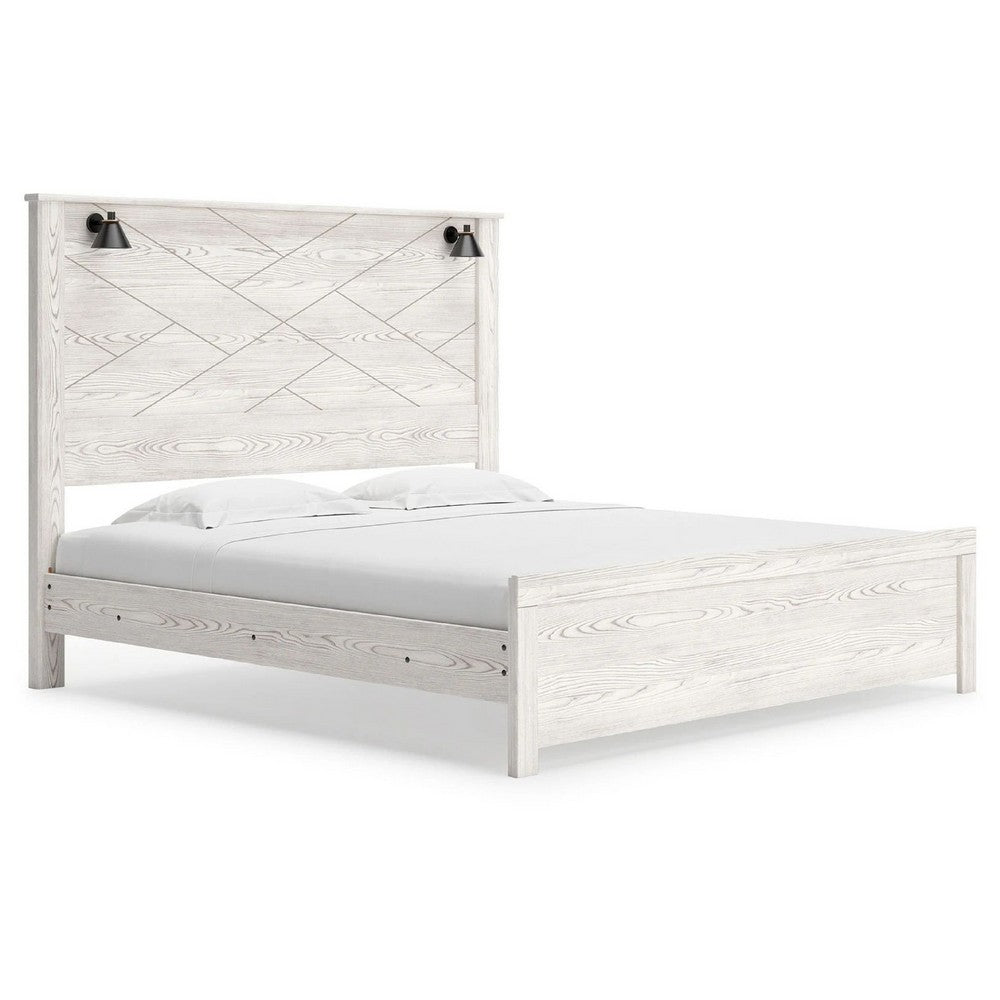 Hara King Panel Bed w 2 Sconce Lights | Rustic Light Gray-White Wood