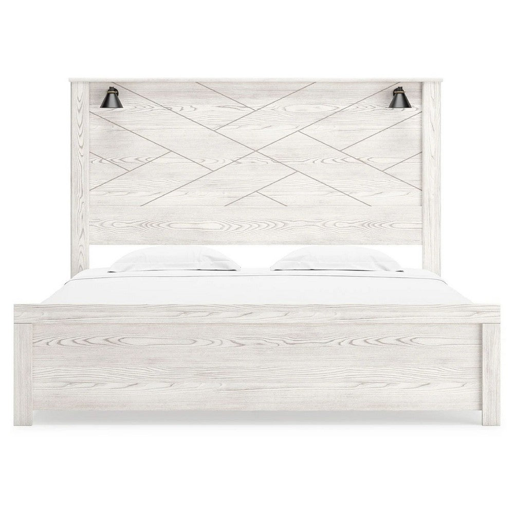 Hara King Panel Bed w 2 Sconce Lights | Rustic Light Gray-White Wood