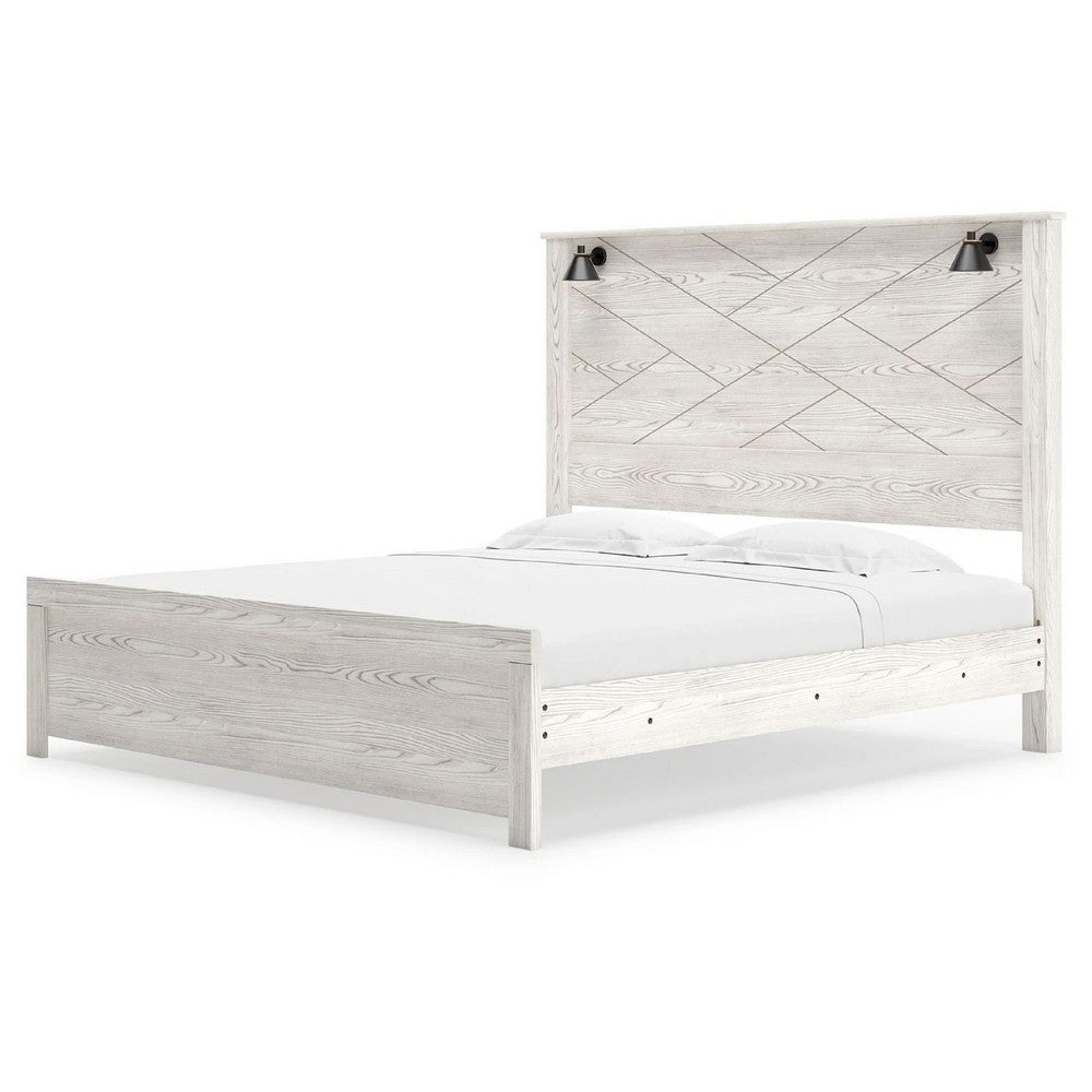 Hara King Panel Bed w 2 Sconce Lights | Rustic Light Gray-White Wood