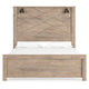 Hara Queen Panel Bed w 2 Sconce Lights | Rustic Light Brown-White Wood