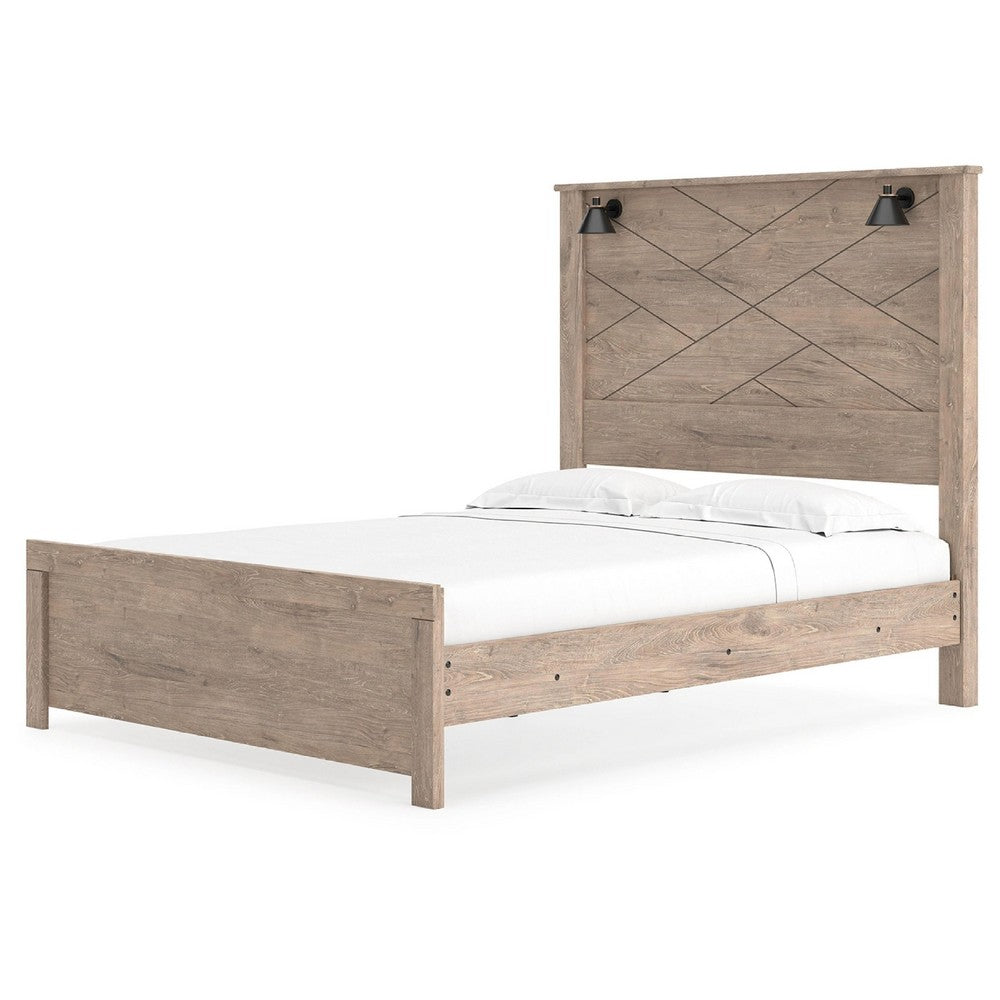 Hara Queen Panel Bed w 2 Sconce Lights | Rustic Light Brown-White Wood