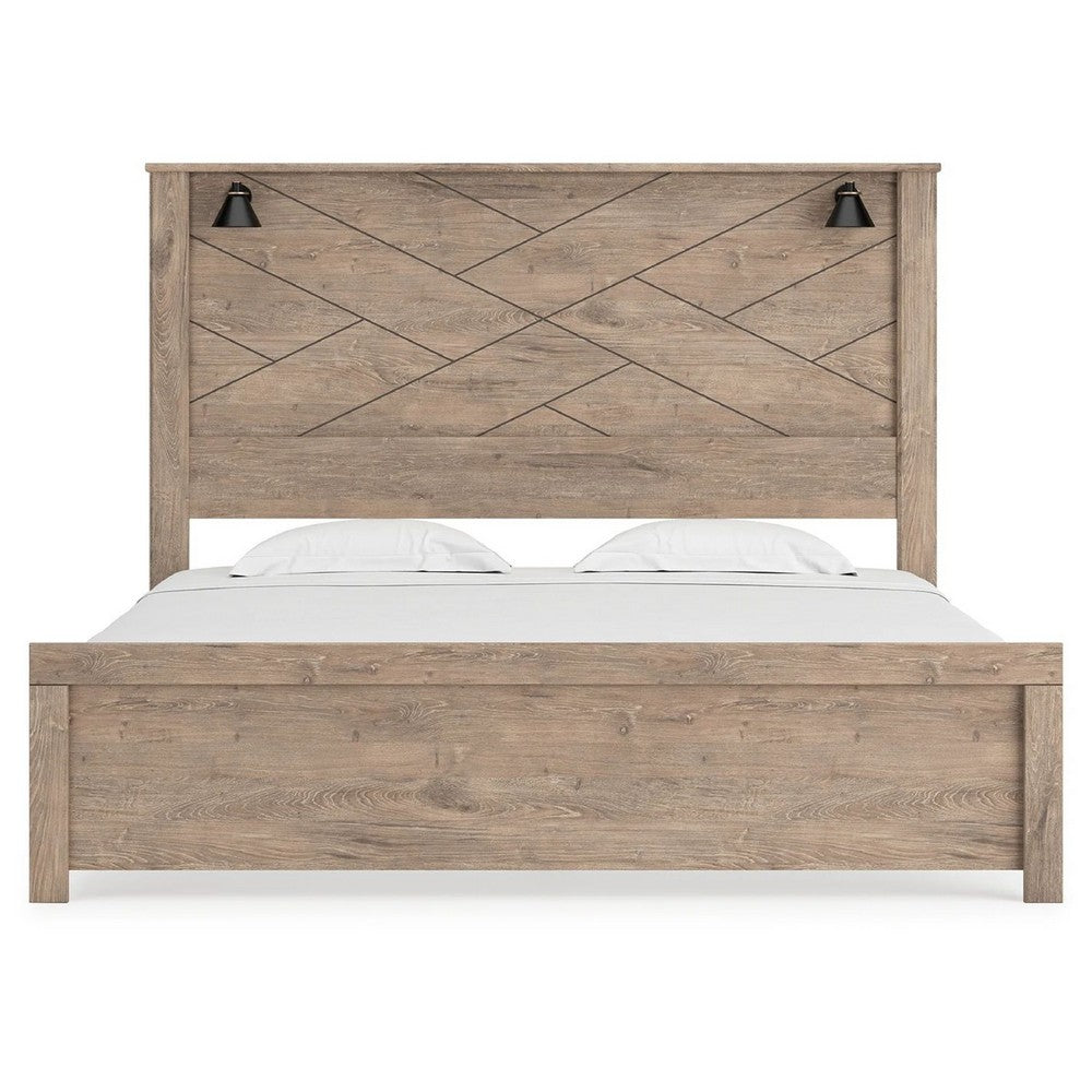 Hara King Panel Bed w 2 Sconce Lights | Rustic Light Brown-White Wood