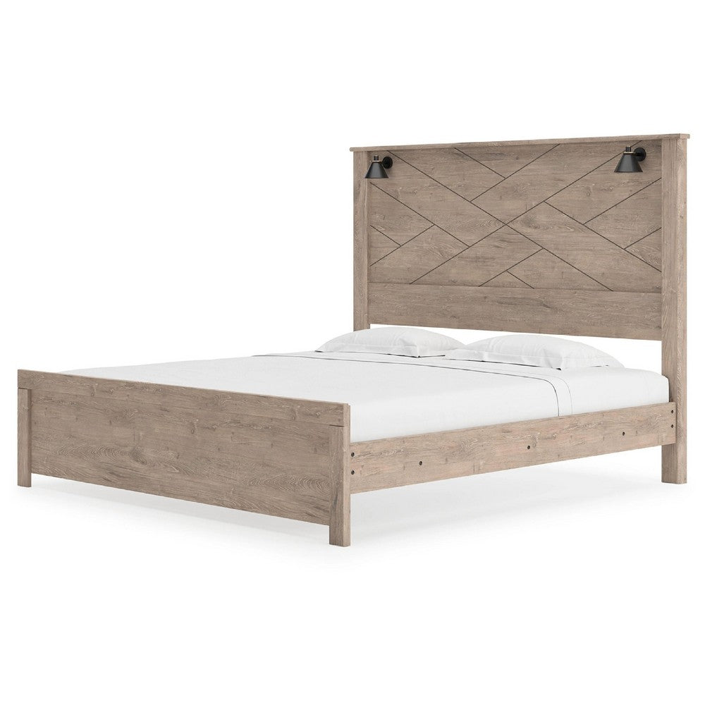 Hara King Panel Bed w 2 Sconce Lights | Rustic Light Brown-White Wood