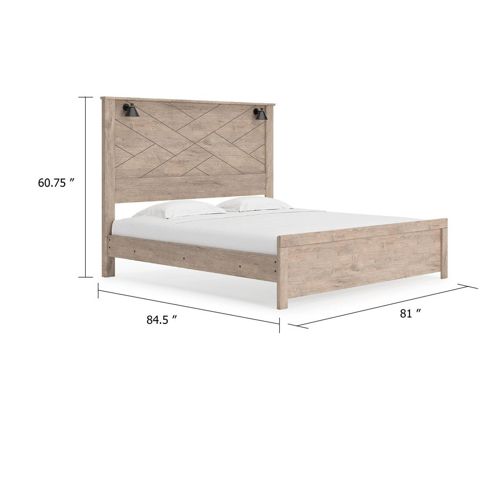 Hara King Panel Bed w 2 Sconce Lights | Rustic Light Brown-White Wood
