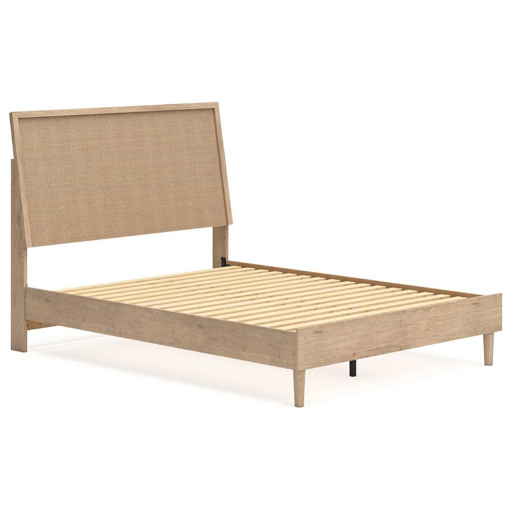Ciel Queen Panel Bed w Cane Style Headboard | Brown & Beige Wood