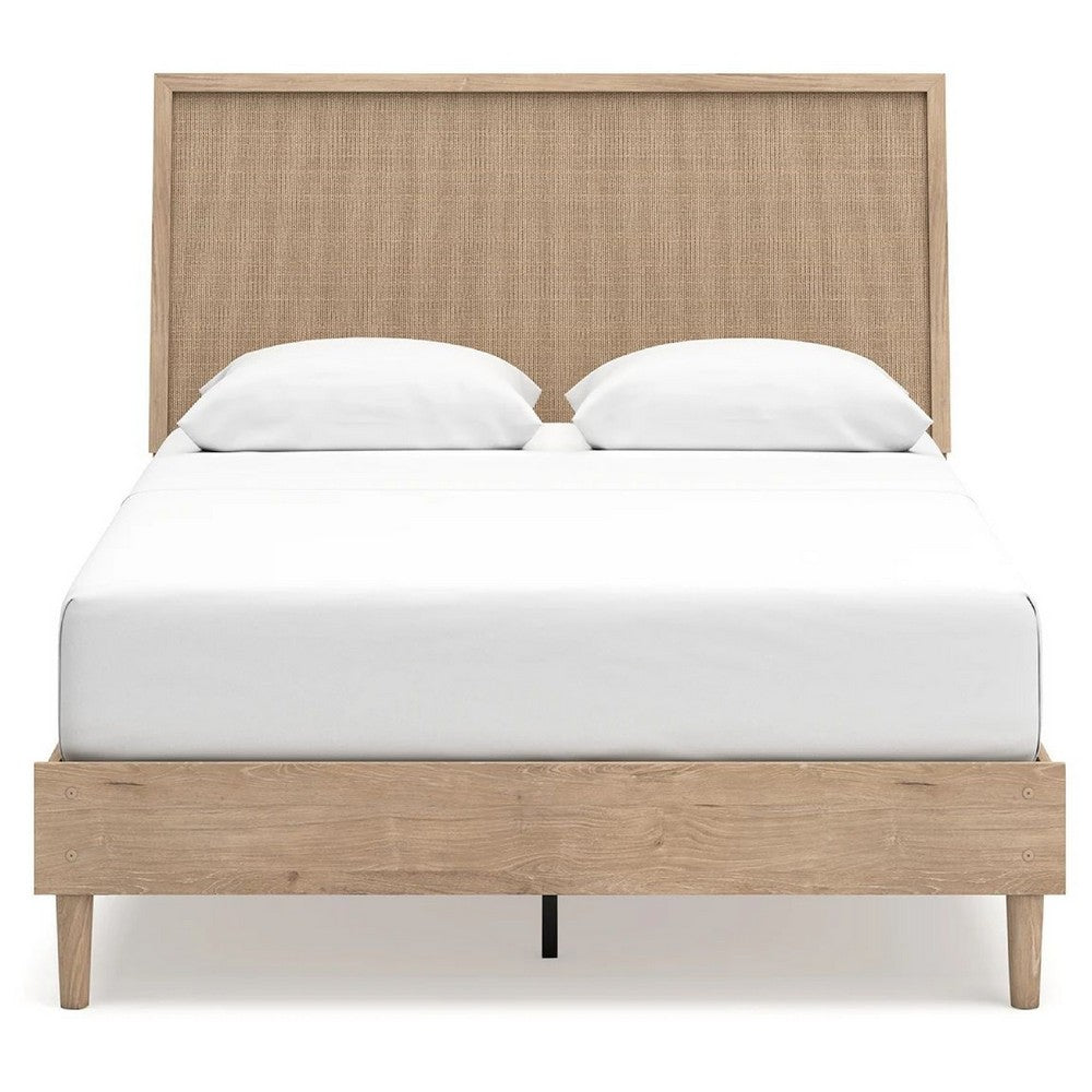 Ciel Queen Panel Bed w Cane Style Headboard | Brown & Beige Wood