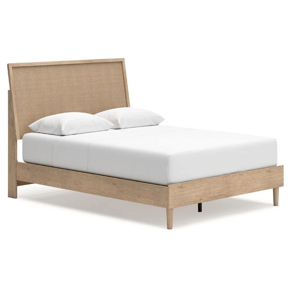 Ciel Queen Panel Bed w Cane Style Headboard | Brown & Beige Wood
