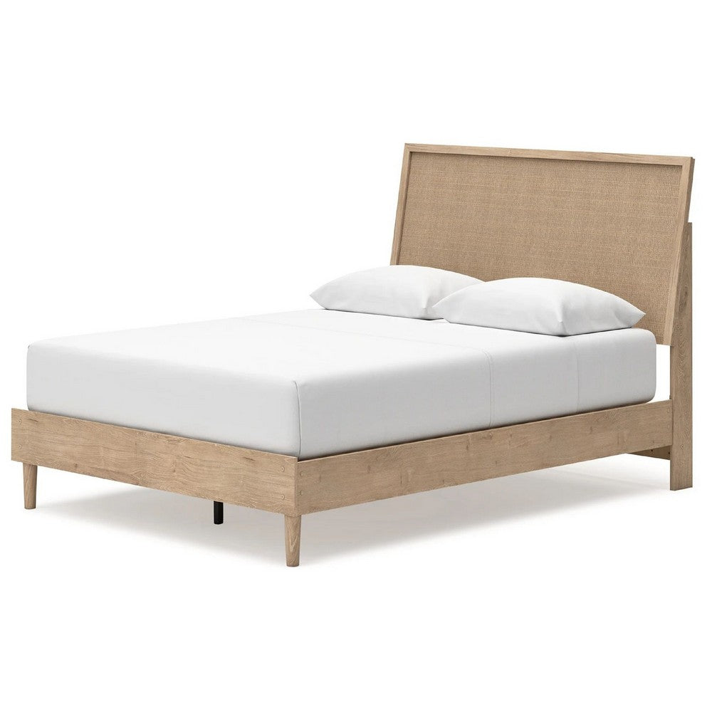 Ciel Queen Panel Bed w Cane Style Headboard | Brown & Beige Wood