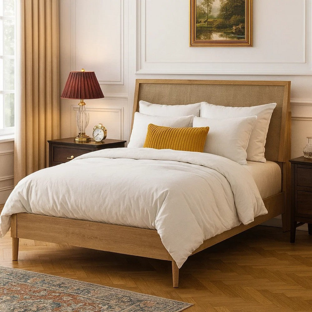 Ciel Queen Panel Bed w Cane Style Headboard | Brown & Beige Wood