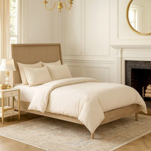 Ciel Queen Panel Bed w Cane Style Headboard | Brown & Beige Wood