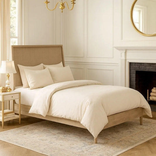 Ciel Queen Panel Bed w Cane Style Headboard | Brown & Beige Wood