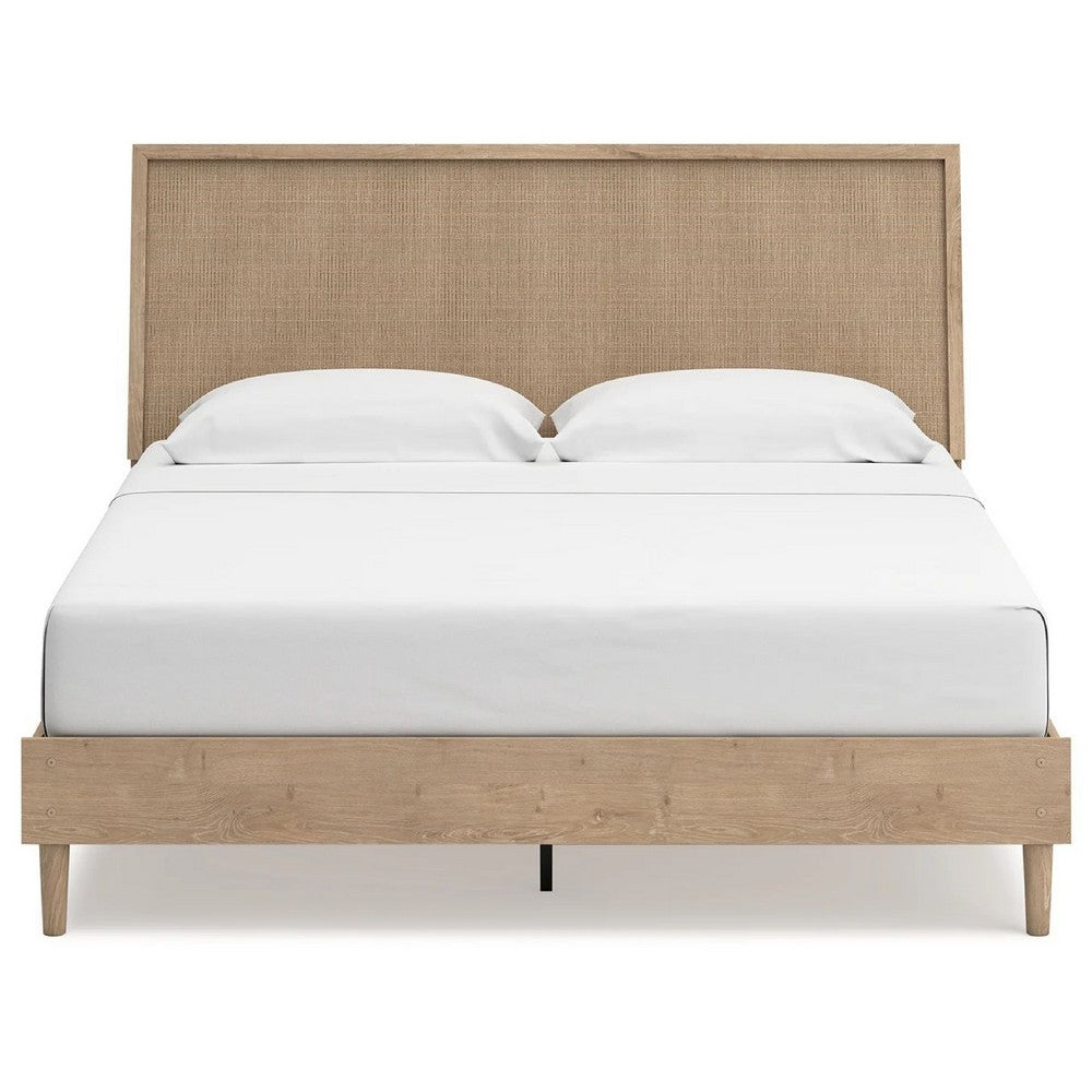 Ciel King Panel Bed w Cane Style Headboard | Brown & Beige Wood