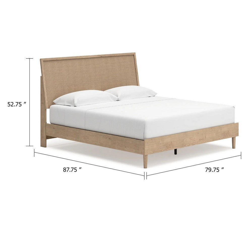 Ciel King Panel Bed w Cane Style Headboard | Brown & Beige Wood