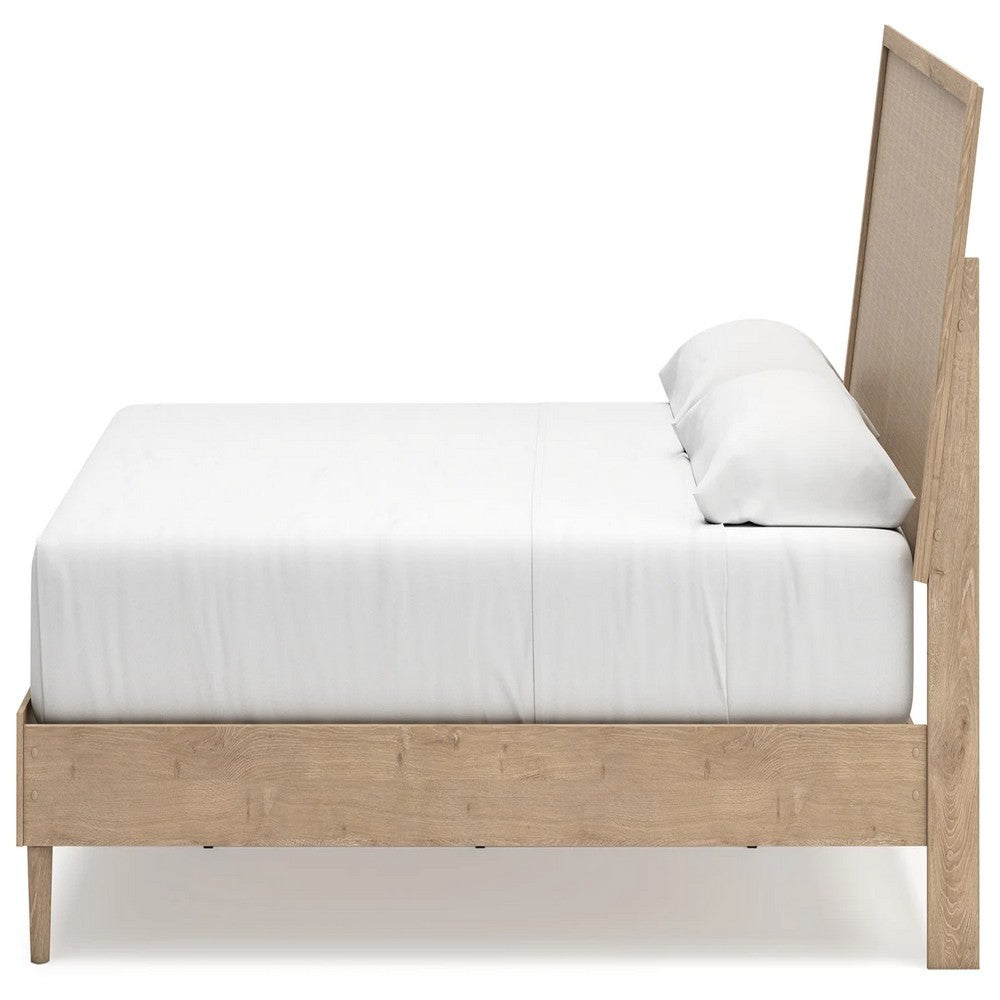Ciel King Panel Bed w Cane Style Headboard | Brown & Beige Wood