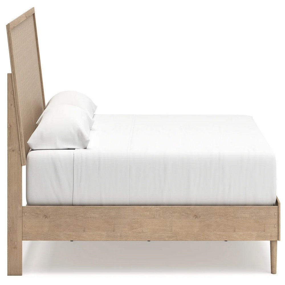 Ciel King Panel Bed w Cane Style Headboard | Brown & Beige Wood