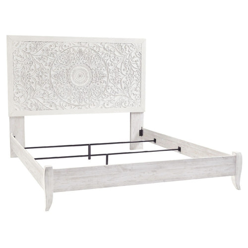 Paxy King Panel Bed | Carved Boho Medallion Design | Whitewashed Wood