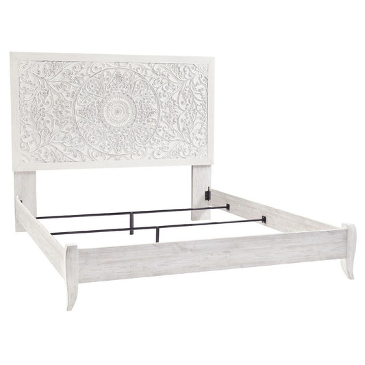 Paxy King Panel Bed | Carved Boho Medallion Design | Whitewashed Wood