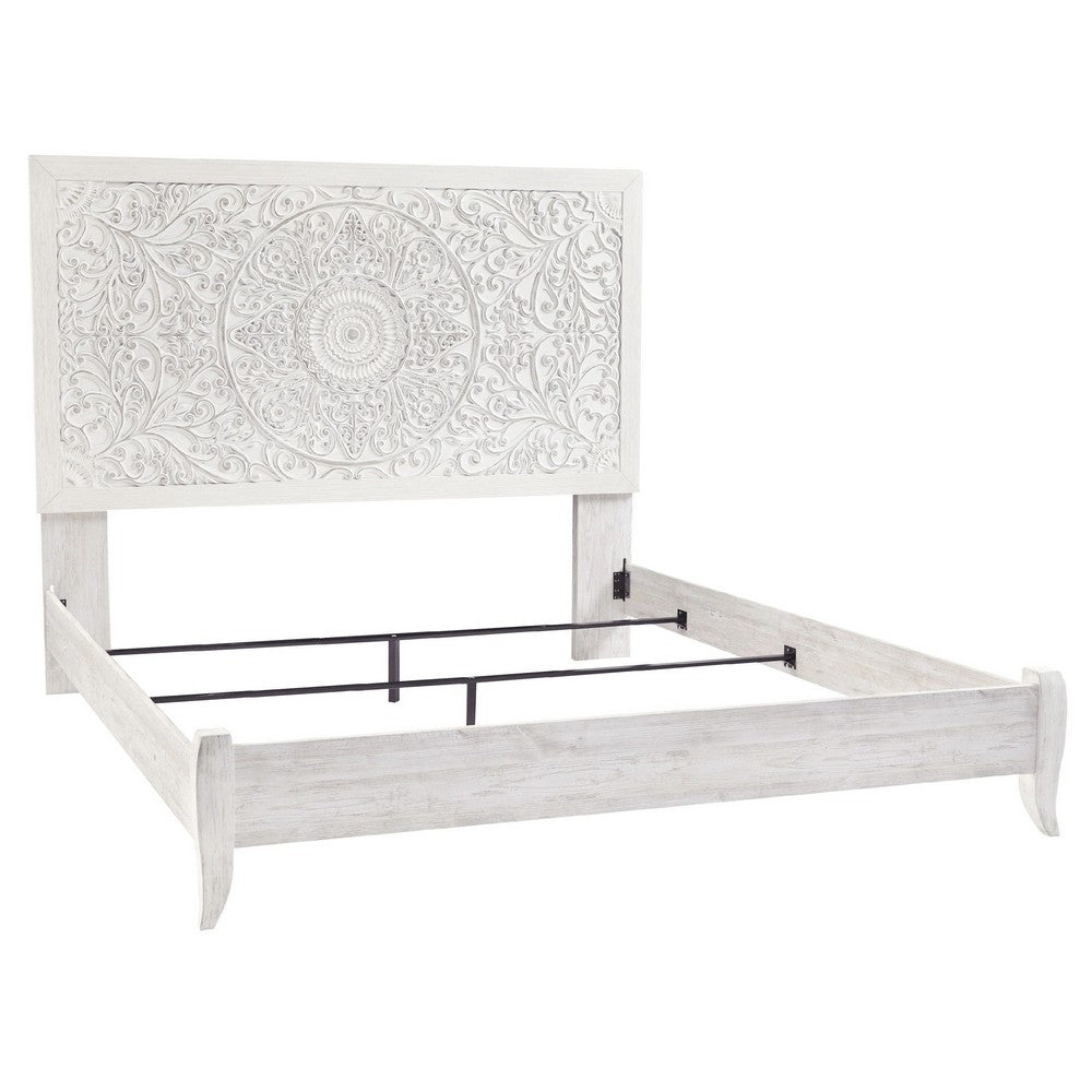 Paxy King Panel Bed | Carved Boho Medallion Design | Whitewashed Wood