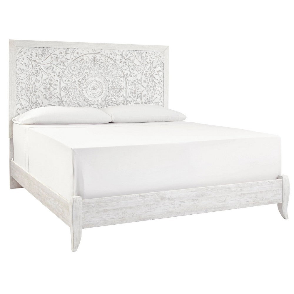 Paxy King Panel Bed | Carved Boho Medallion Design | Whitewashed Wood