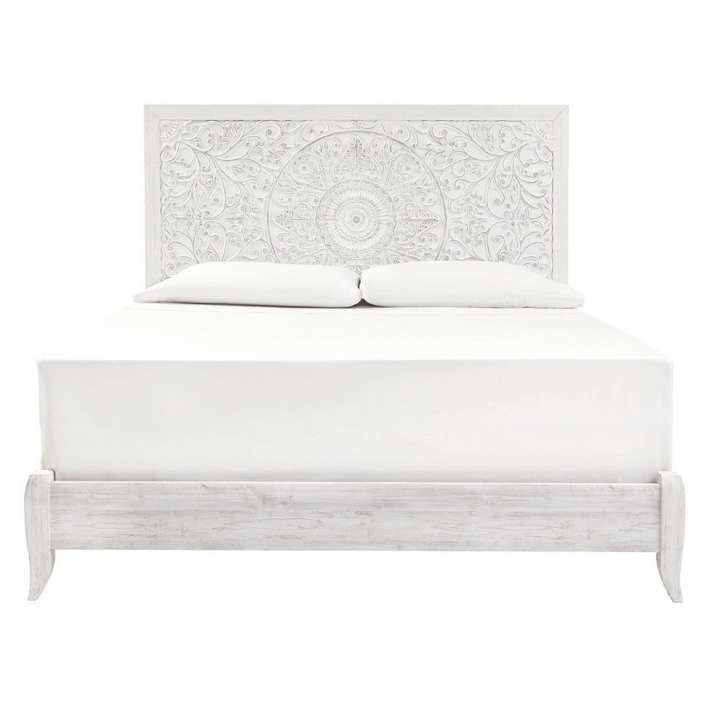 Paxy King Panel Bed | Carved Boho Medallion Design | Whitewashed Wood