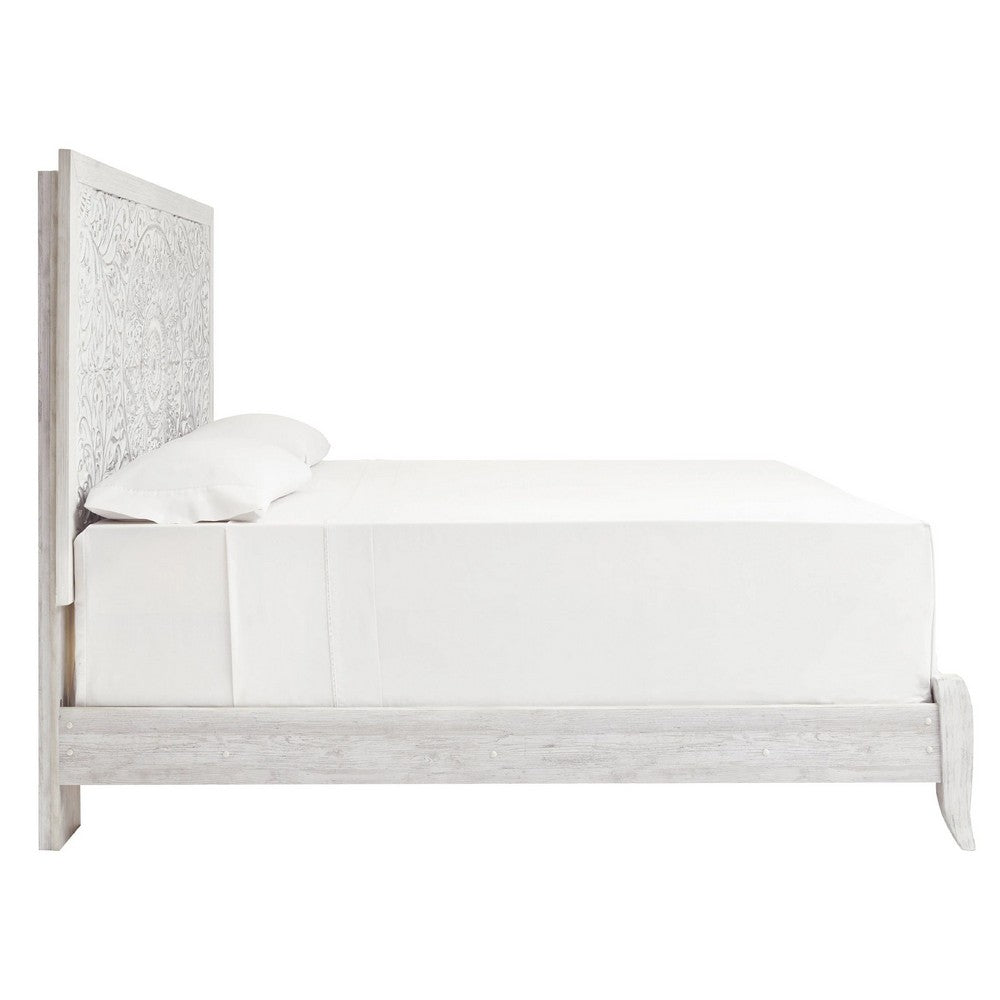 Paxy King Panel Bed | Carved Boho Medallion Design | Whitewashed Wood