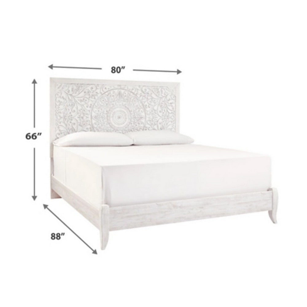 Paxy King Panel Bed | Carved Boho Medallion Design | Whitewashed Wood