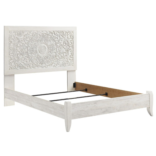 Paxy Queen Panel Bed | Carved Boho Medallion Design | Whitewashed Wood