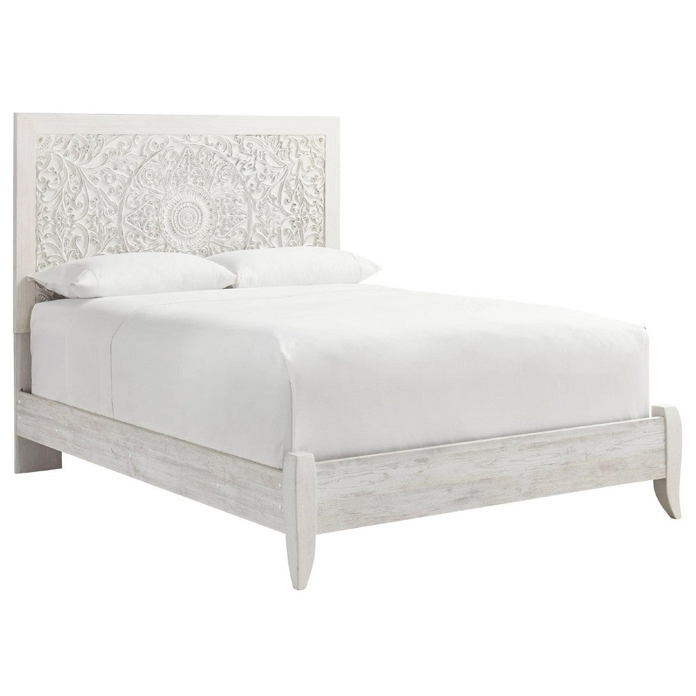 Paxy Queen Panel Bed | Carved Boho Medallion Design | Whitewashed Wood