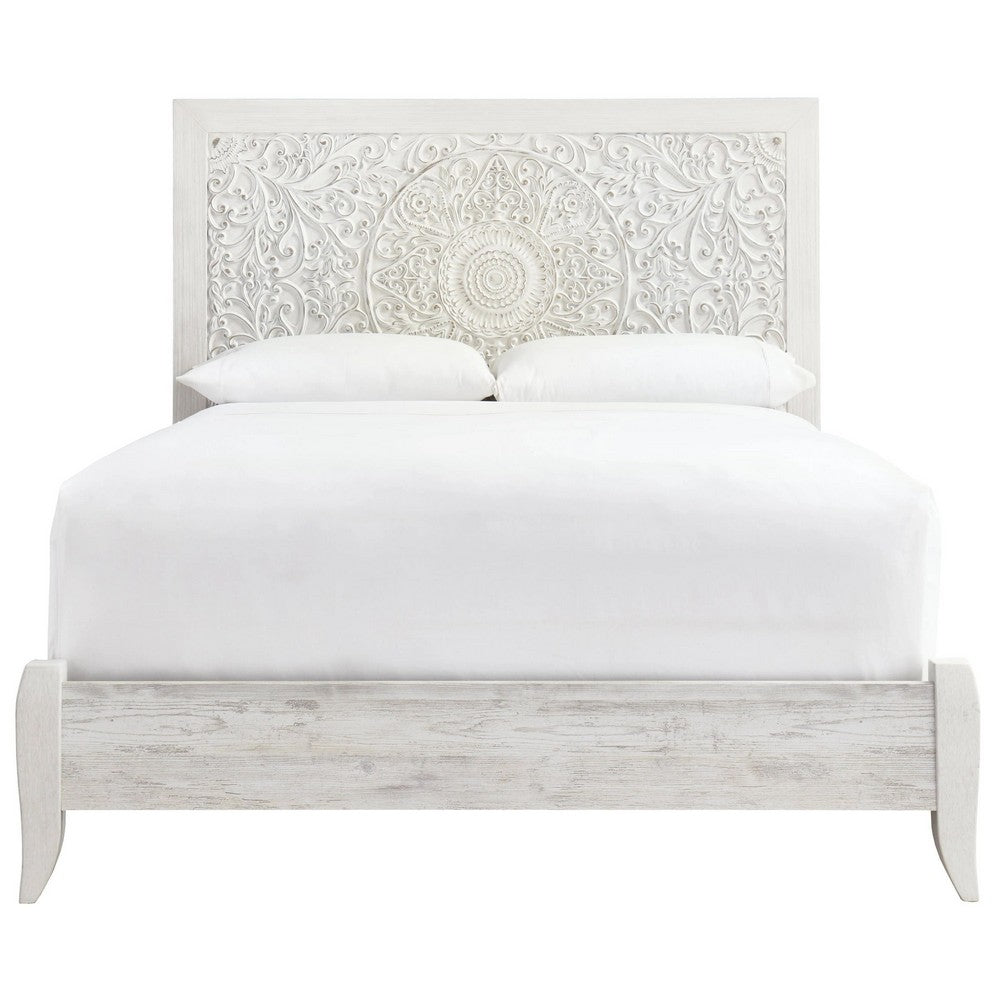 Paxy Queen Panel Bed | Carved Boho Medallion Design | Whitewashed Wood