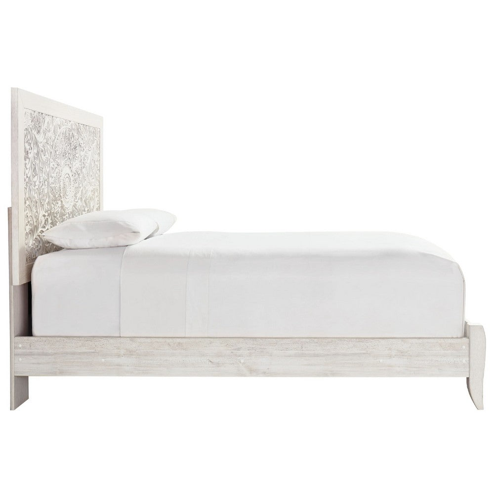 Paxy Queen Panel Bed | Carved Boho Medallion Design | Whitewashed Wood